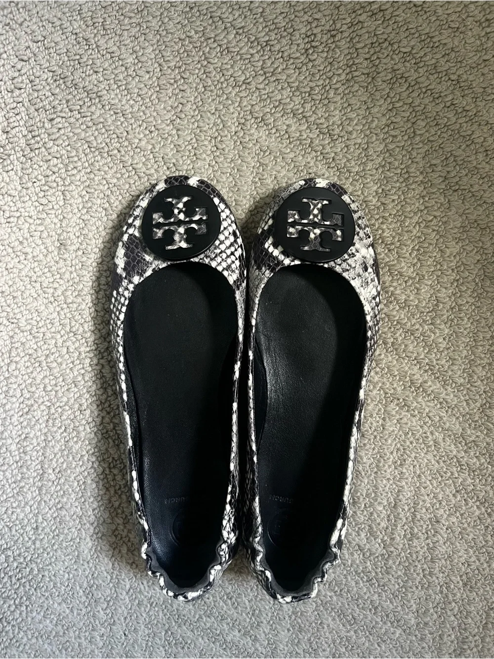 Tory Burch Black & White Snake-Print Reva Flats